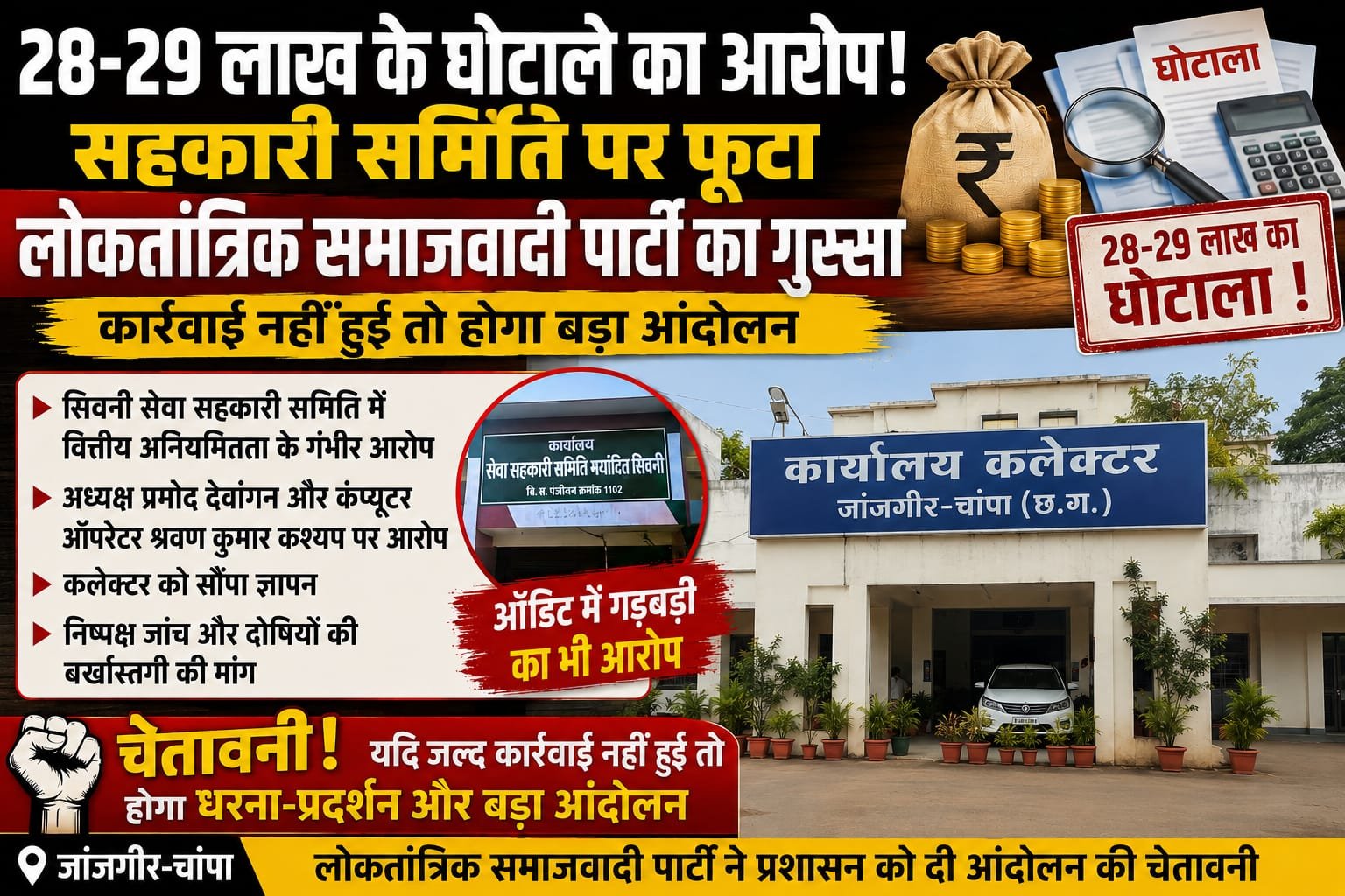 28-29 लाख के घोटाले का आरोप! सहकारी समिति पर फूटा लोकतांत्रिक समाजवादी पार्टी का गुस्सा, कार्रवाई नहीं हुई तो होगा बड़ा आंदोलन चौथा स्तंभ || Kshititech
